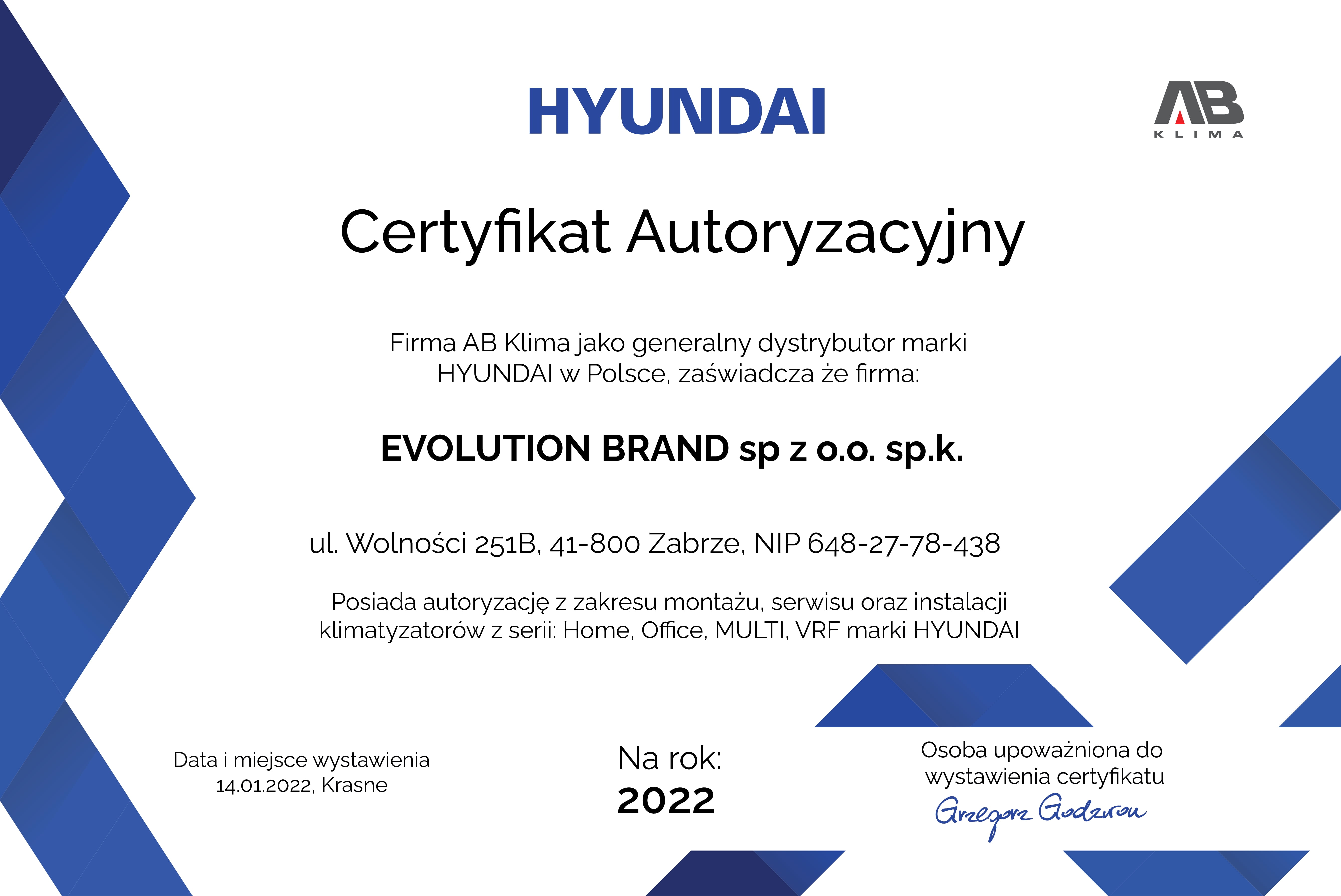 Certyfikat Hyundai 2022 klimatyzacja