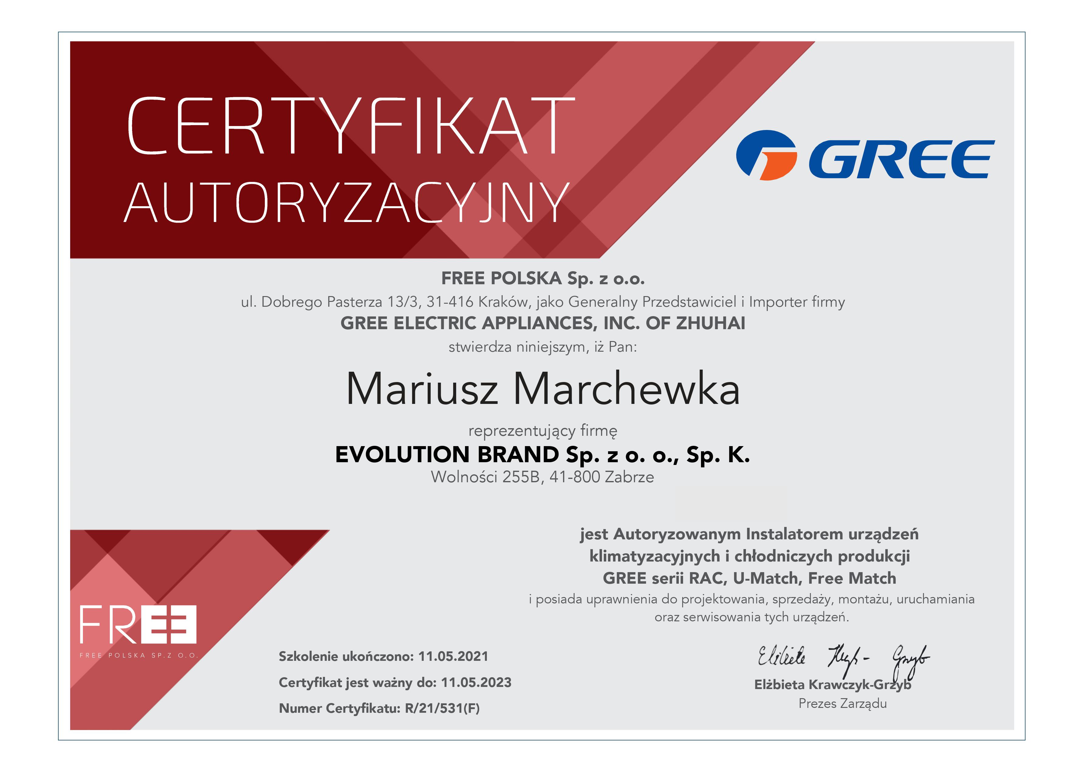 Certyfikat GREE 2021
