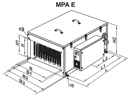 Centrale nawiewne Vents MPA 800 E1 A16 wymiary